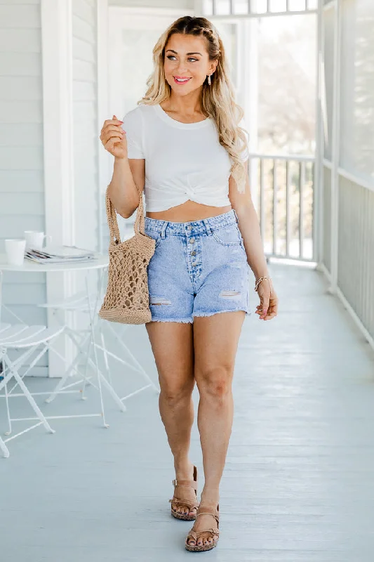 Off On The Town Button-Fly Distressed Light Wash Shorts FINAL SALE