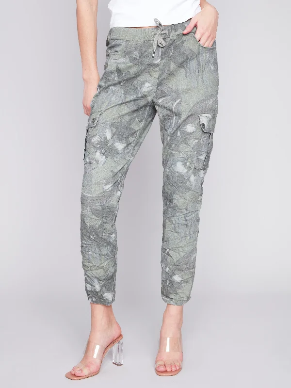 Printed Crinkle Cargo Jogger Pants - Celadon