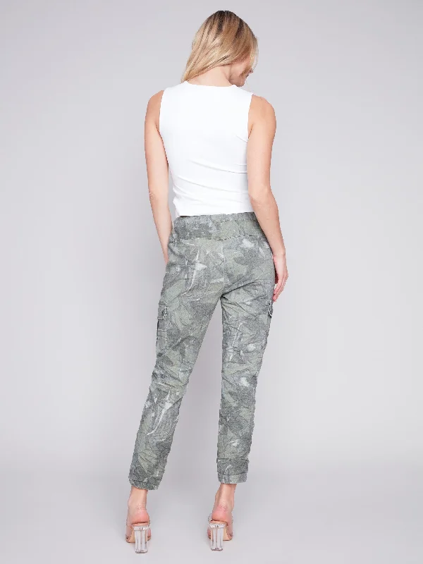 Printed Crinkle Cargo Jogger Pants - Celadon