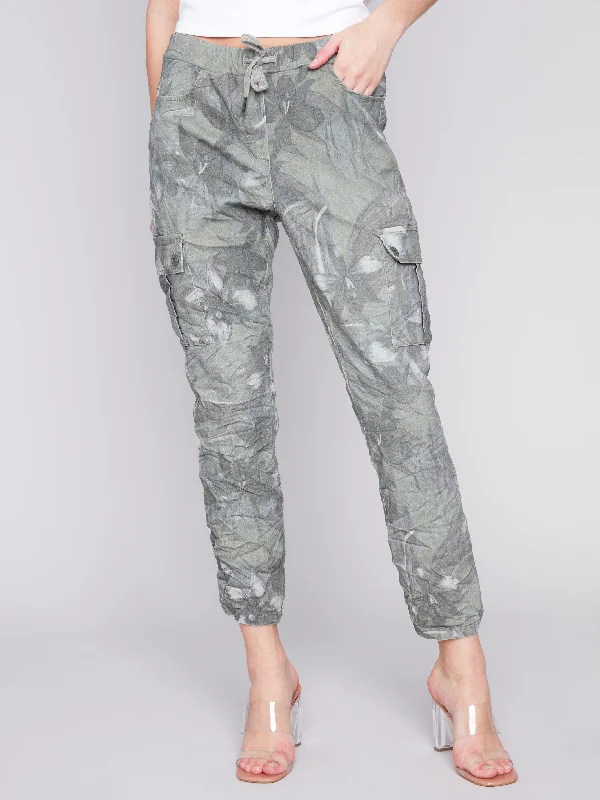 Printed Crinkle Cargo Jogger Pants - Celadon