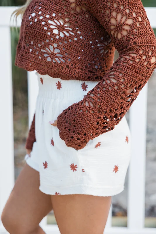 Ready For A Change Ivory and Terracotta Embroidered Gauze Shorts