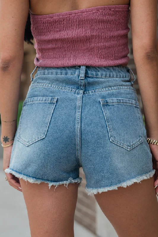 Show Stopping Medium Wash Pearl Detail Shorts