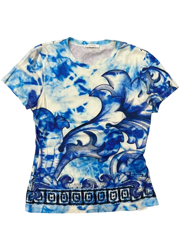 Top Short Sleeve Luxury Designer By Versace In Blue, Size: S