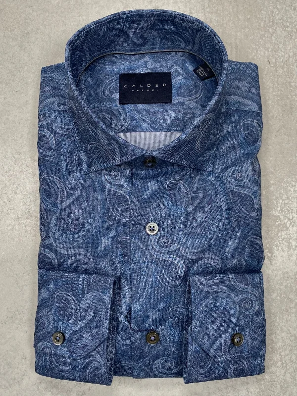 Calder Carmel Italian Printed Panama Oxford Sports Shirt in Denim