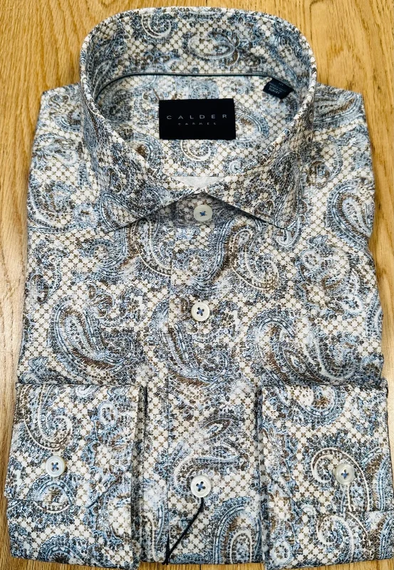 Calder Carmel Luxury Printed Italian Twill Sport Shirt in Cocoa