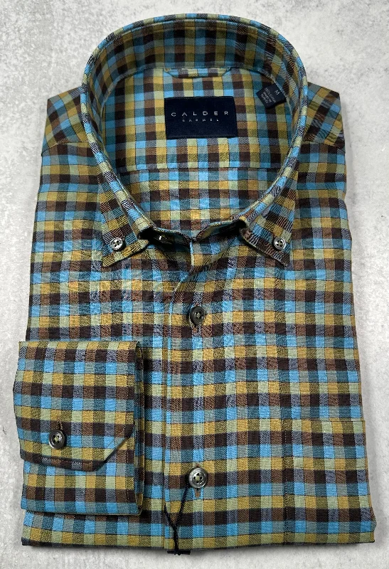 Calder Carmel Melange Twill Framed Multi Color Gingham Sport Shirt in Turquoise