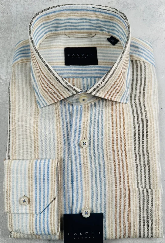 Calder Carmel Plain Weave Stripe Sport Shirt in Sand