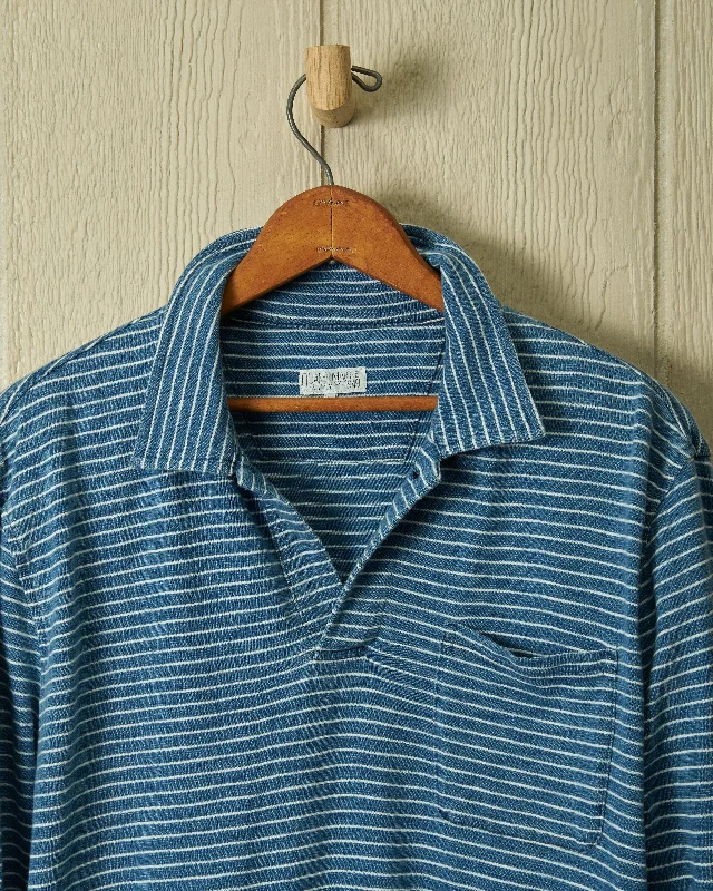 Long Sleeve Indigo Polo in Blue/White Slub Stripe