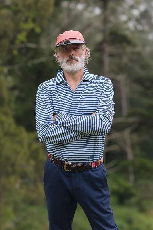 Long Sleeve Indigo Polo in Blue/White Stripe