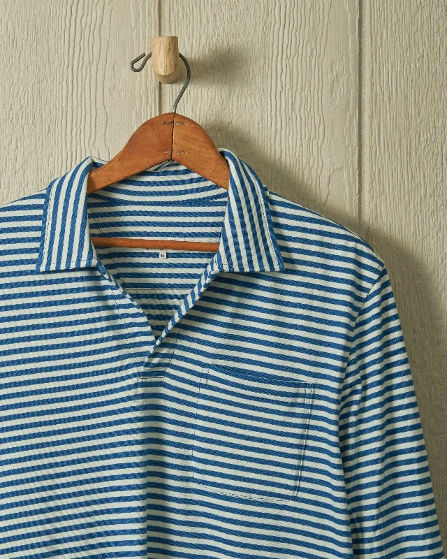 Long Sleeve Indigo Polo in Blue/White Stripe