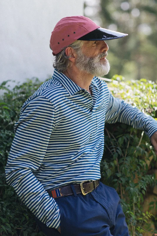 Long Sleeve Indigo Polo in Blue/White Stripe