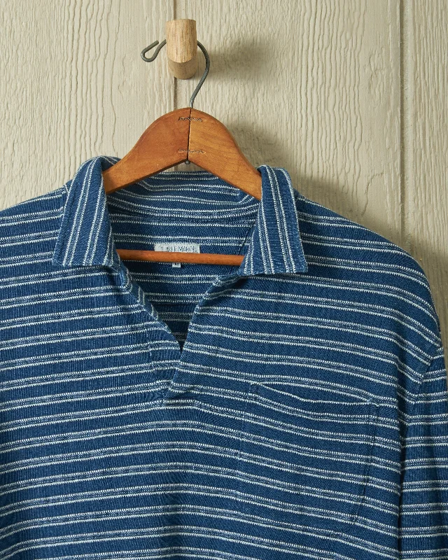 Long Sleeve Indigo Polo in Mid Wash Jacquard Stripe