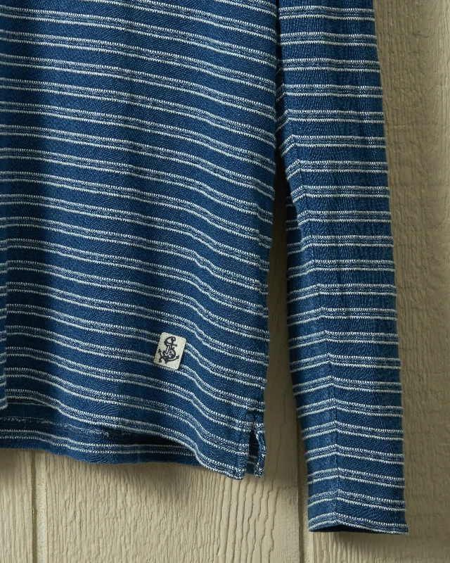 Long Sleeve Indigo Polo in Mid Wash Jacquard Stripe